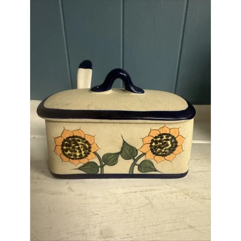 Veracruz Mexican‎ Pottery Lidded Sugar Mustard Jam Spoon HandPainted Sunflowers